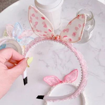 Hd4387A03 Bunny Girl. South Korea New Cute Ear Bow Fold Lace Pressed Hairband Headband Hair Accessories Pink Print - Shop at LoveMi
