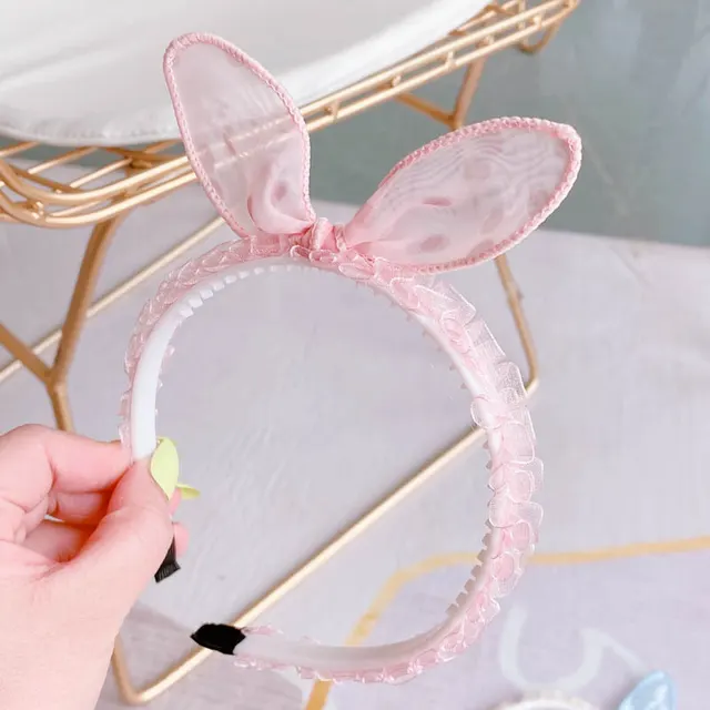 Hd4387A03 Bunny Girl. South Korea New Cute Ear Bow Fold Lace Pressed Hairband Headband Hair Accessories Pink - Shop at LoveMi