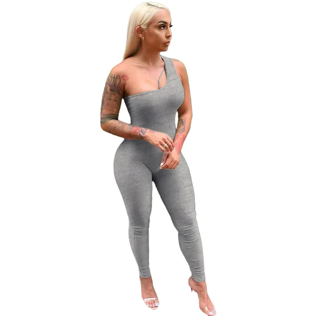 Sexy One Shoulder Sleeveless Hip Lift Sports Jumpsuit Grey - Shop at LoveMi