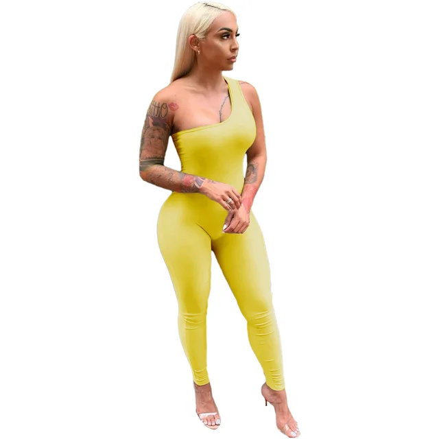 Sexy One Shoulder Sleeveless Hip Lift Sports Jumpsuit Yellow - Shop at LoveMi