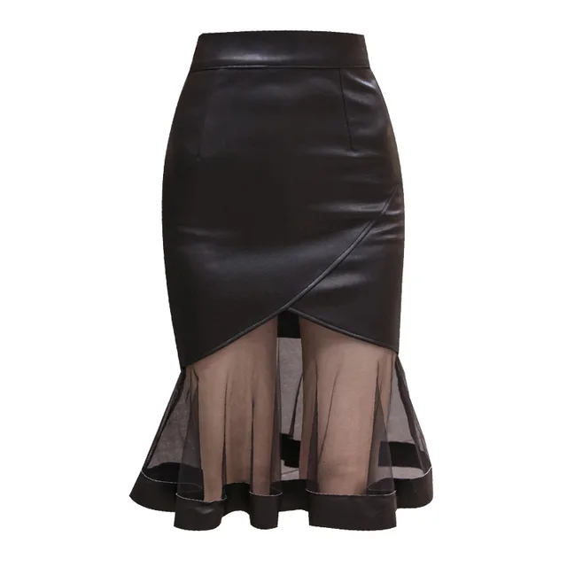 Leather Skirt Women Spring And Autumn Long Mesh Splicing Pu Skirt Black - Shop at LoveMi