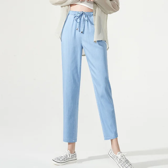 Yiyang Nine Point Tencel Jeans Female Summer Thin Section New Loose Straight Harem Carrot Pants 0881 Dark Blue - Shop at LoveMi