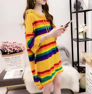 Harajuku Rainbow Stripe Hoodies Women Sweatshirt Loose Pullover For Sweet Girls Pastel Fahion Pink Clothes Cute Japanese Hoodies - Yellow