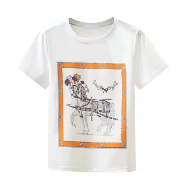 Short Sleeve T Shirt Women New Round Neck With Thin, Loose, Vintage Silk Print Top White - Shop at LoveMi