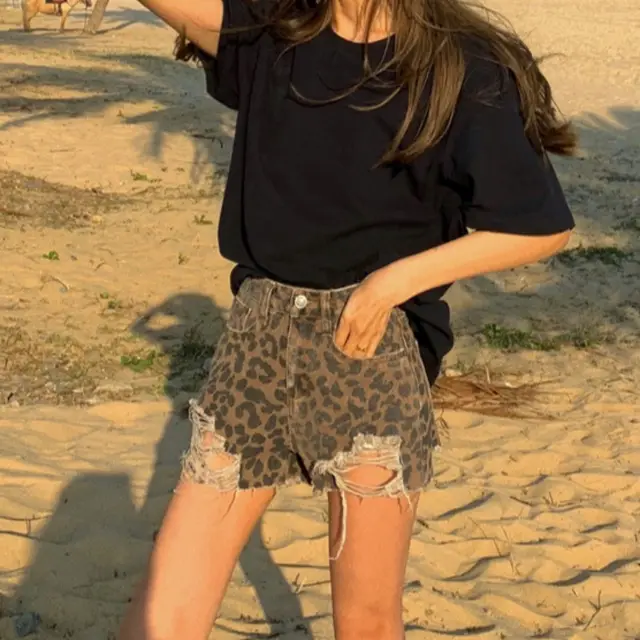 Leopard Print Jeans With Holes In The Frills, High Waist And Slim A Line Shorts Brown - Shop at LoveMi