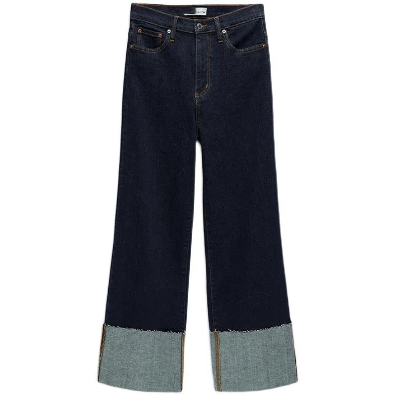 Casual High-rise Rolled-up Wide-leg Jeans - Dark Blue