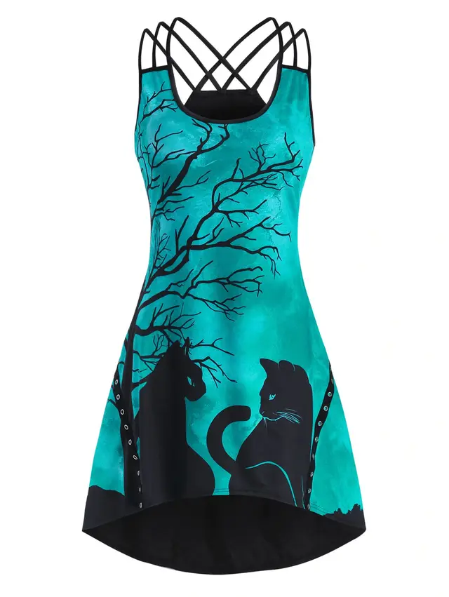 Halloween Black Cat Print Sleeveless Round Neck High And Low Dress Green - Shop at LoveMi