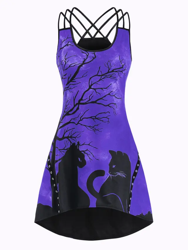 Halloween Black Cat Print Sleeveless Round Neck High And Low Dress Purple - Shop at LoveMi