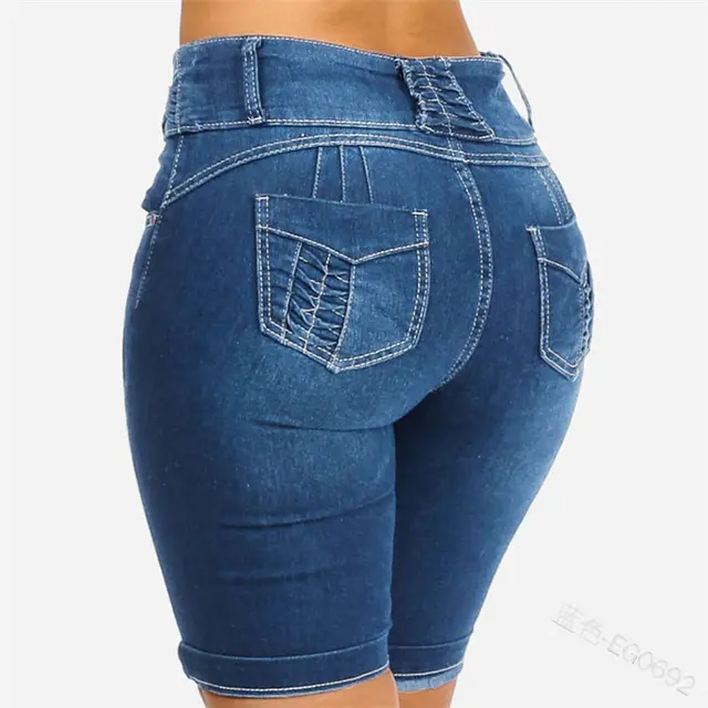 Summer Cuffed Shorts European And American Slim Pocket Hips Solid Color Jeans Light Blue - Shop at LoveMi