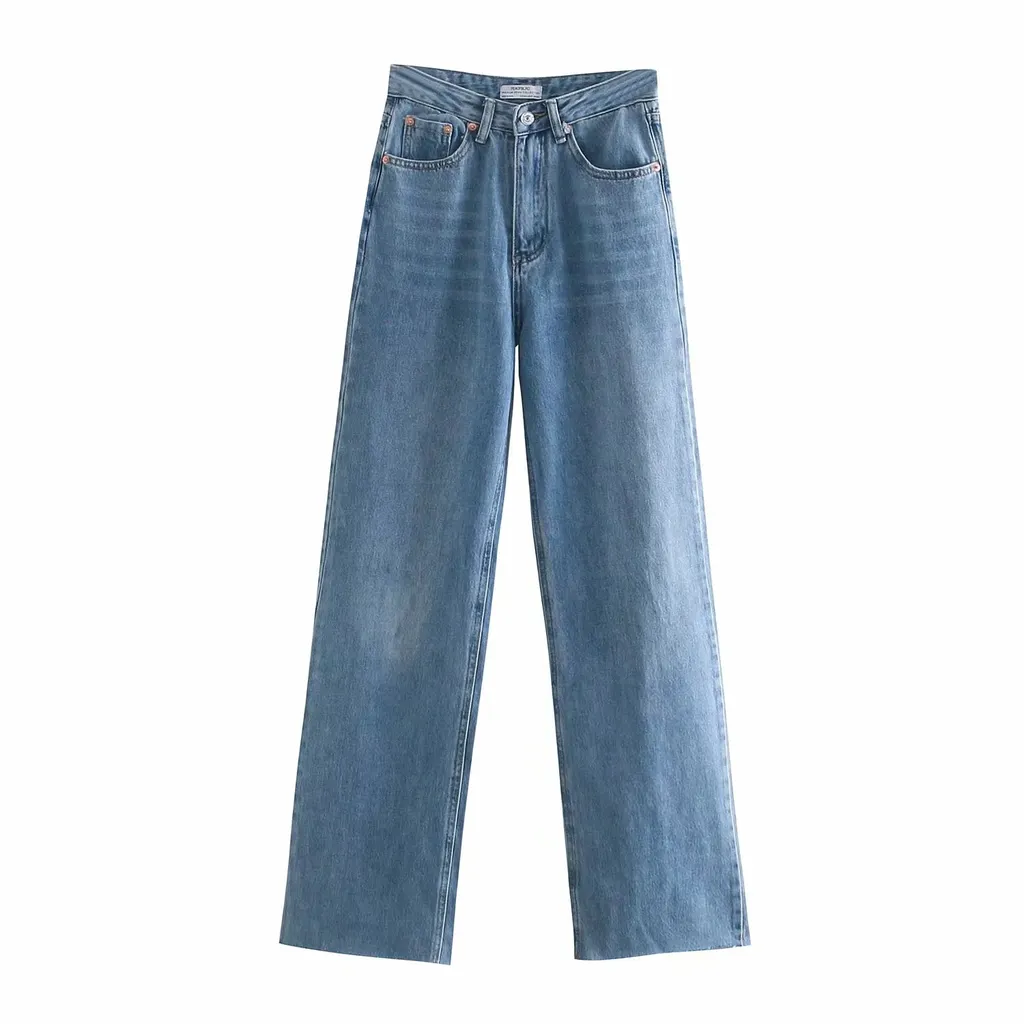 Blue High-waisted Straight-leg Jeans Trousers With Raw Edges And Casual Trousers - Light Color