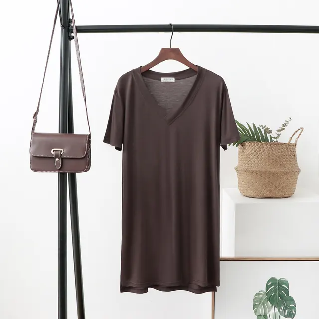 Summer V Neck Mid Length T Shirt Women'S Bottoming Shirt Large Size Slit Blouse Coffee - Shop at LoveMi
