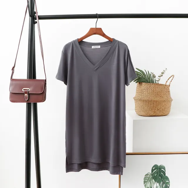 Summer V Neck Mid Length T Shirt Women'S Bottoming Shirt Large Size Slit Blouse Dark Grey - Shop at LoveMi