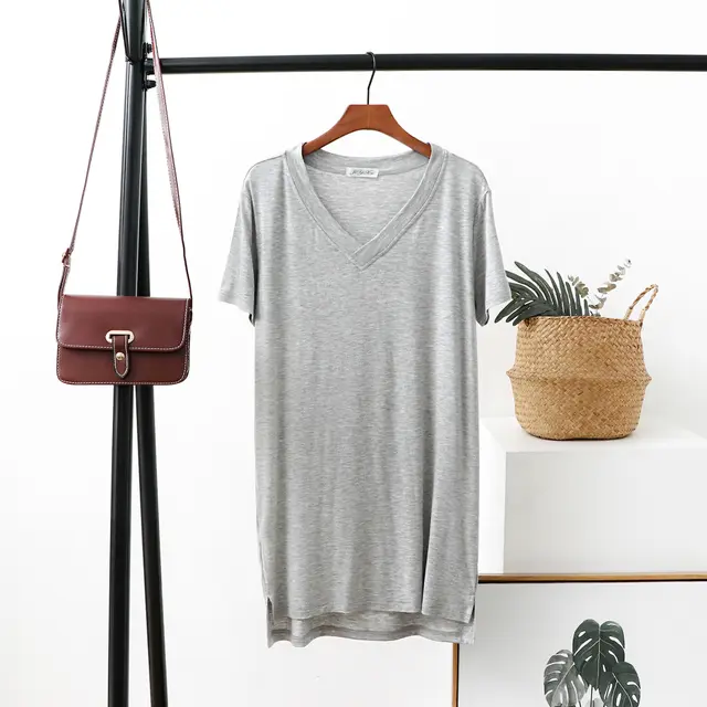Summer V Neck Mid Length T Shirt Women'S Bottoming Shirt Large Size Slit Blouse Light Gray - Shop at LoveMi