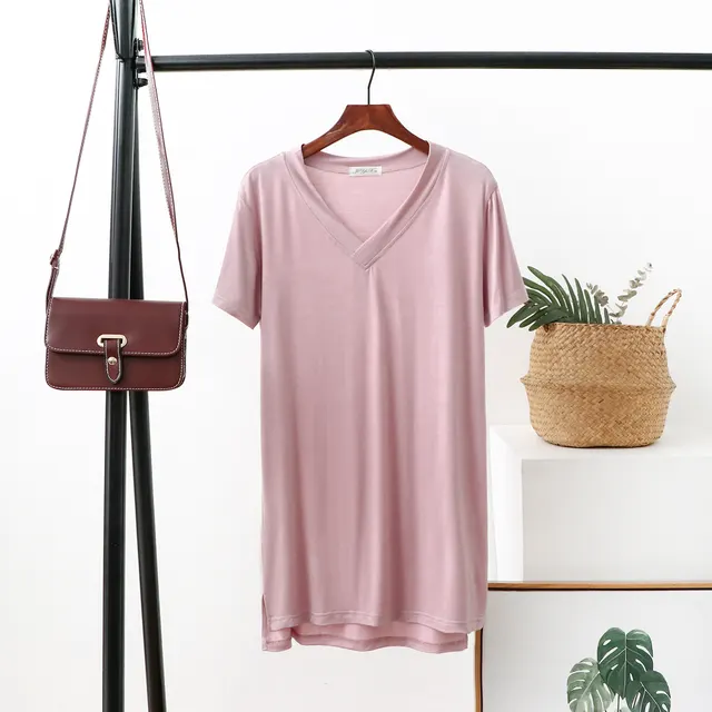 Summer V Neck Mid Length T Shirt Women'S Bottoming Shirt Large Size Slit Blouse Pink - Shop at LoveMi