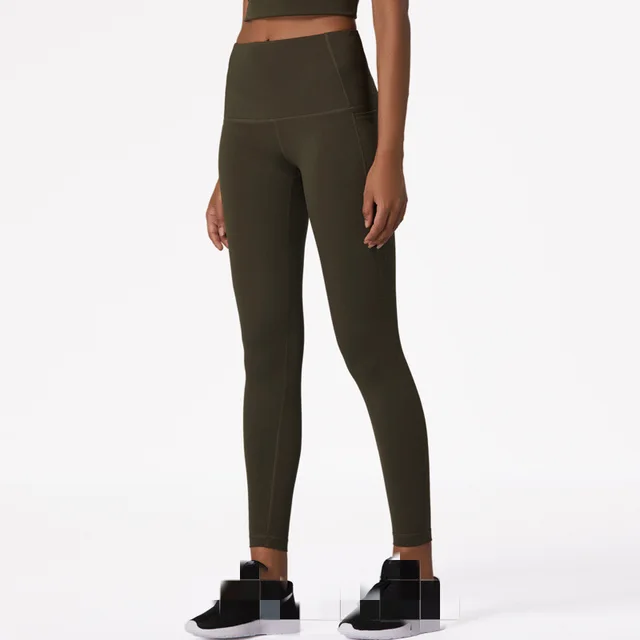 Double Sided Brocade Nude Sports Fitness Pants High Waist Tummy And Hip Yoga Pants Women Deep Olive Green - Shop at LoveMi