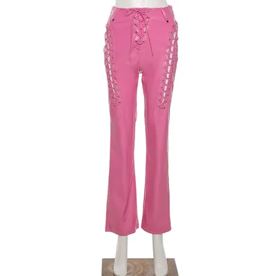 Fashion Trend Women'S New High Waisted Hollow Straps Straight Leggings Slim Slimming Leather Pants Pink - Shop at LoveMi