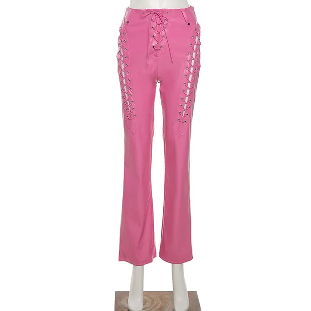 Fashion Trend Women'S New High Waisted Hollow Straps Straight Leggings Slim Slimming Leather Pants Pink - Shop at LoveMi