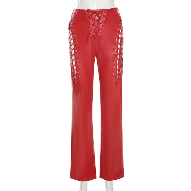 Fashion Trend Women'S New High Waisted Hollow Straps Straight Leggings Slim Slimming Leather Pants Red - Shop at LoveMi