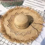 Women Summer Natural Raffia Straw Hat Girl Fashion Ribbon Floppy Shading Panama Wide Brim Sun Hats Vacation Travel Beach Hat - Photo Color - View 1