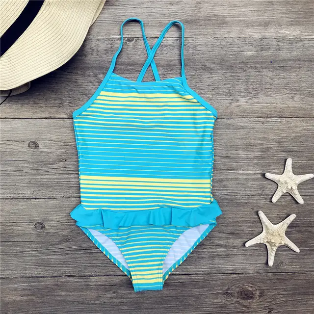 Girls' Striped Print One Piece Children's Swimsuit Blue And Yellow - Shop at LoveMi