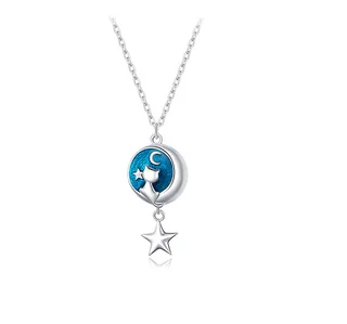 S925 Sterling Silver Moon Cat Necklace Star Simple - Silver