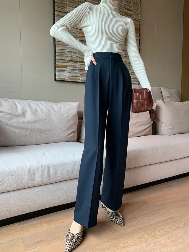 High waisted Wide leg Trousers With Smoke Tube, Loose, Straight leg Drape And Thin, Casual Suit Pants Women Navy Blue Lengthened Thin Sect - Shop at LoveMi