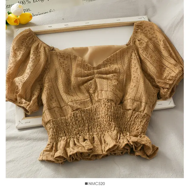 Puff Sleeve Season Cropped Short Clavicle Top Khaki - Shop at LoveMi
