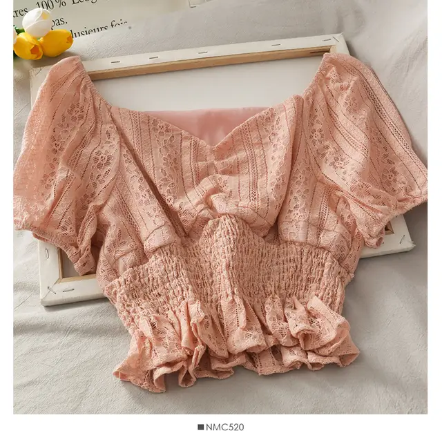Puff Sleeve Season Cropped Short Clavicle Top Pink - Shop at LoveMi