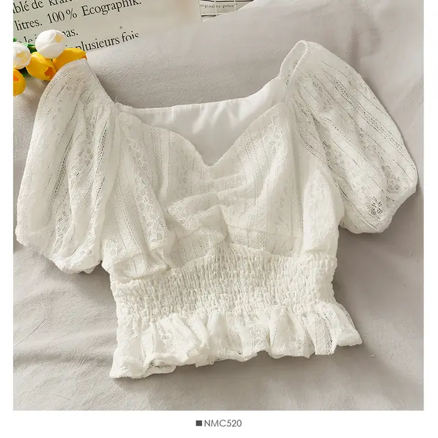 Puff Sleeve Season Cropped Short Clavicle Top White - Shop at LoveMi