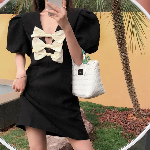 Dress Female Bowknot French Retro Waist Short Skirt Black - Shop at LoveMi
