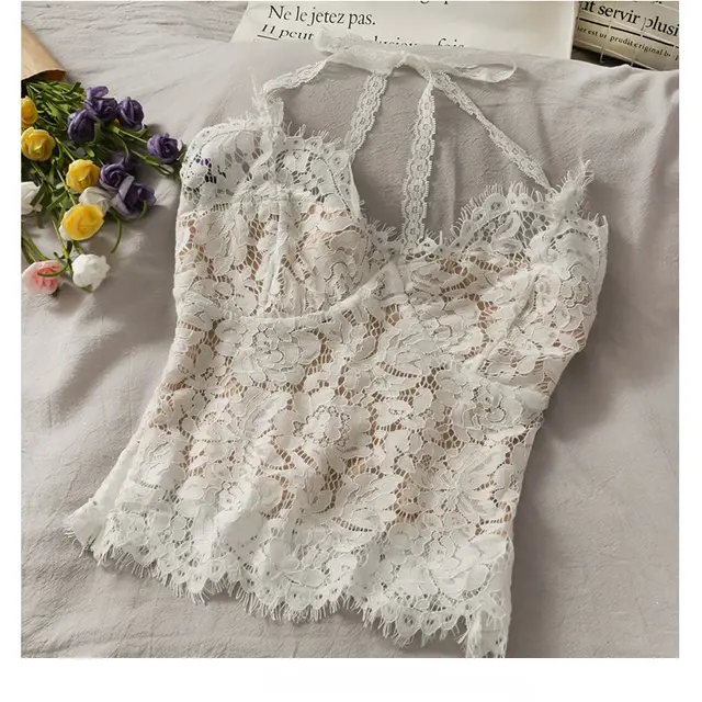 Super Fairy Lace Halter Neck Short Cropped Lace Camisole For Women Apricot - Shop at LoveMi