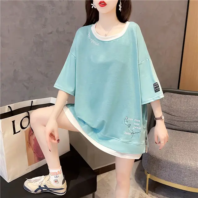 Fake Two Color Insert Loose Medium Long Embroidered Short Sleeves Blue - Shop at LoveMi