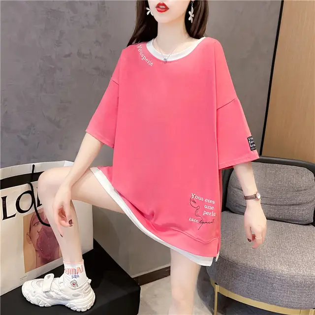 Fake Two Color Insert Loose Medium Long Embroidered Short Sleeves Pink - Shop at LoveMi