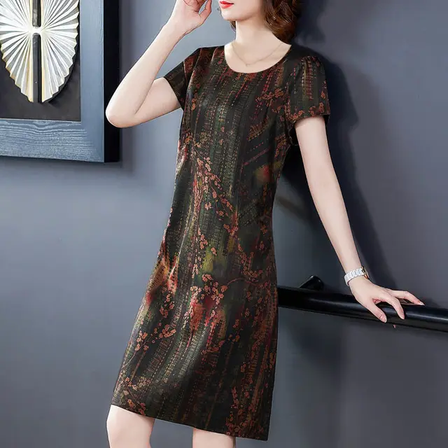Middle aged And Elderly Ice Silk Print Dress Fashion Casual Green - Shop at LoveMi