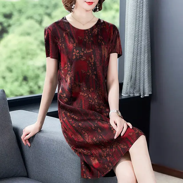 Middle aged And Elderly Ice Silk Print Dress Fashion Casual Red - Shop at LoveMi