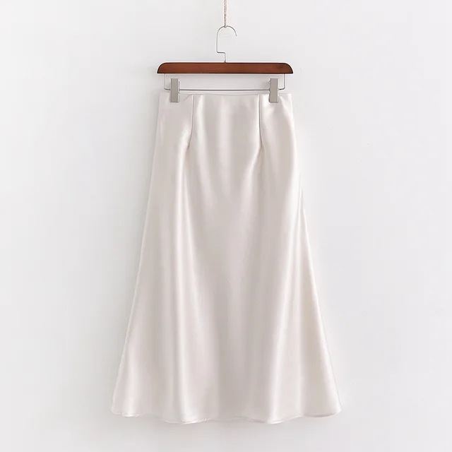 Women Midiskirt with High Waist Solid Silk Midiskirt r White Elegant A line Casual Loose Midiskirt White - Shop at LoveMi