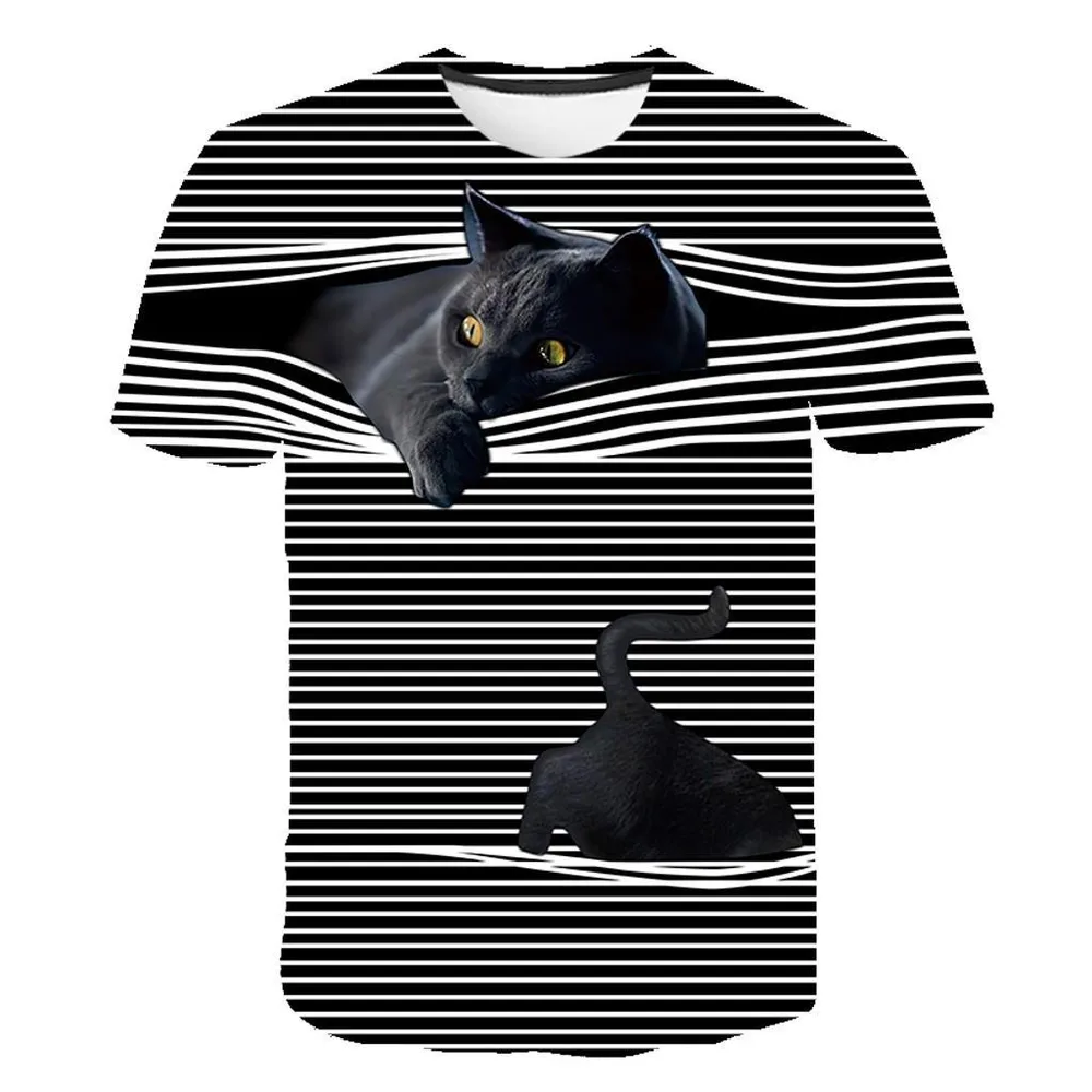 Fashion 3D Kitten Striped Short Sleeve T-Shirt Top - Black