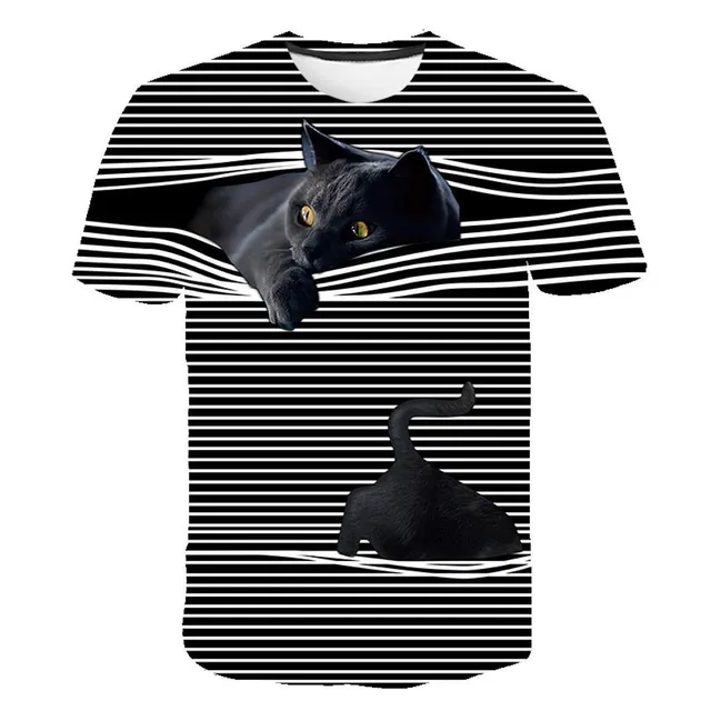 Fashion 3D Kitten Striped Short Sleeve T Shirt Top Black - Shop at LoveMi