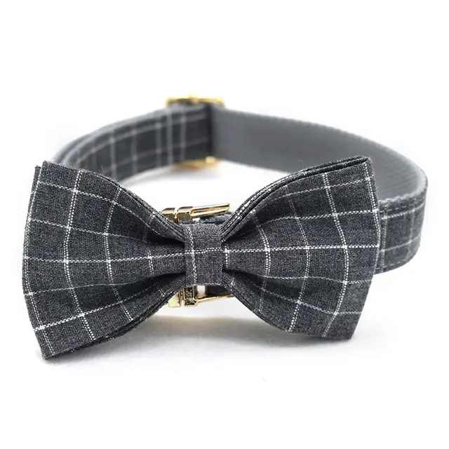 Grey Plaid Pet Products Dog Collar New Fashion Golden Metal Button Dog Collar Bow Knot Dog Pole - Shop at LoveMi