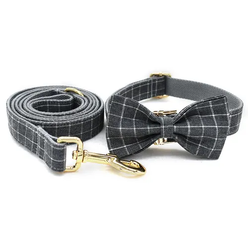 Grey Plaid Pet Products Dog Collar New Fashion Golden Metal Button Dog Collar Bow Set - Shop at LoveMi