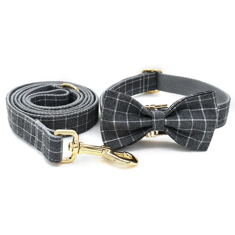 Grey Plaid Pet Products Dog Collar New Fashion Golden Metal Button Dog Collar - Bow Set - View 1
