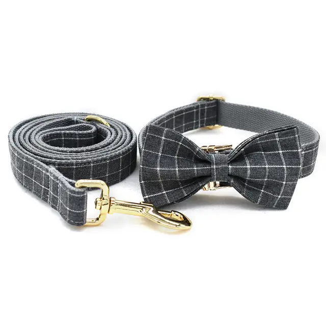 Grey Plaid Pet Products Dog Collar New Fashion Golden Metal Button Dog Collar Bow Set - Shop at LoveMi
