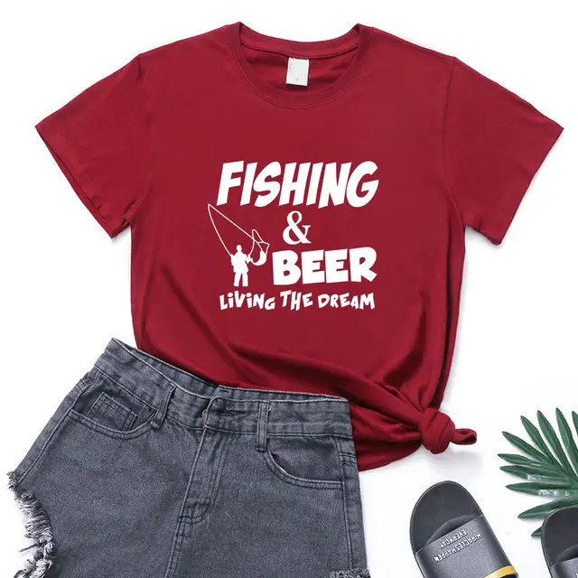 Fishing Print Loose Plus Size Women'S Short Sleeved T Shirt Wine Red - Shop at LoveMi