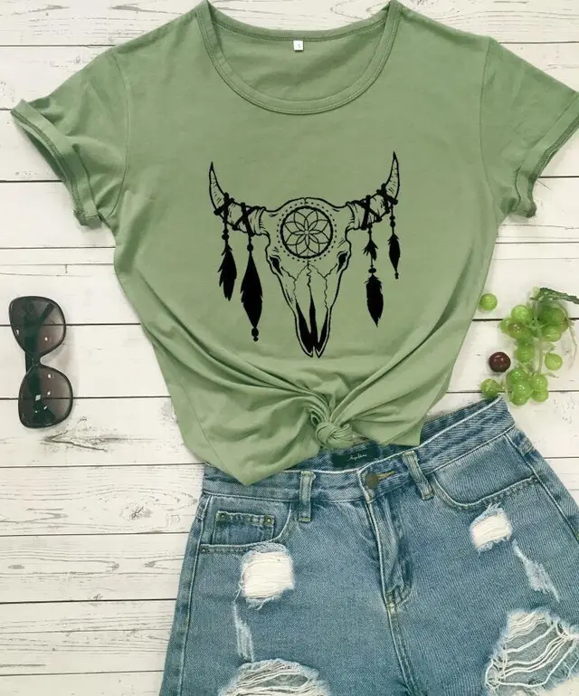 Personalized Bull Head Decorative Pattern Short Sleeves Green - Shop at LoveMi