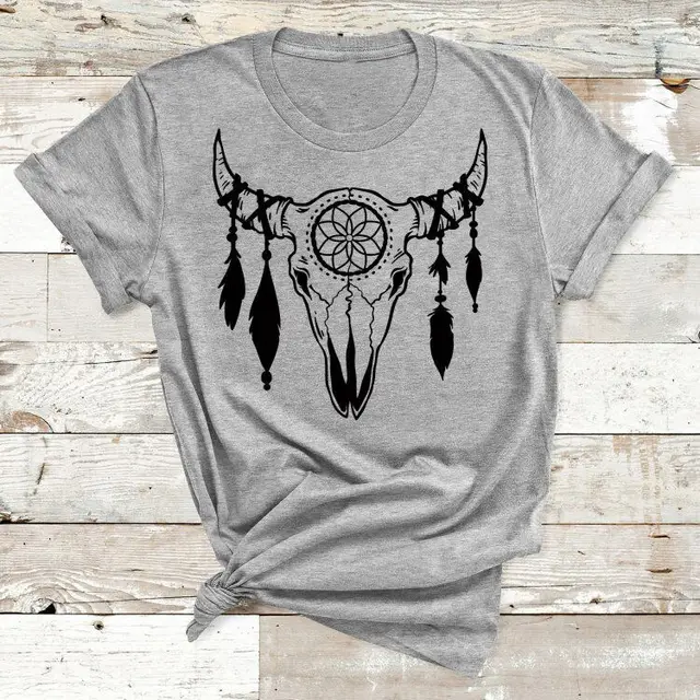 Personalized Bull Head Decorative Pattern Short Sleeves Grey - Shop at LoveMi