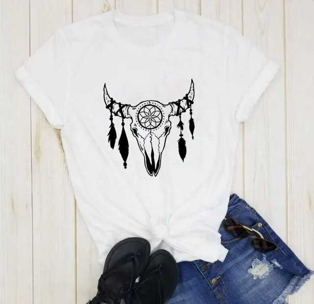 Personalized Bull Head Decorative Pattern Short Sleeves White - Shop at LoveMi