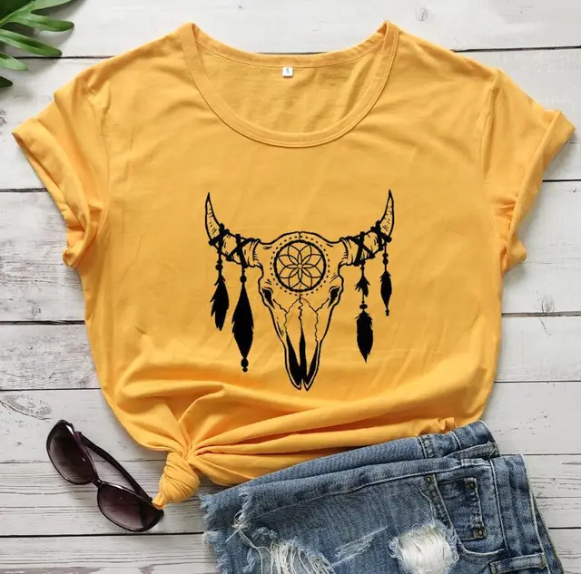 Personalized Bull Head Decorative Pattern Short Sleeves Yellow - Shop at LoveMi