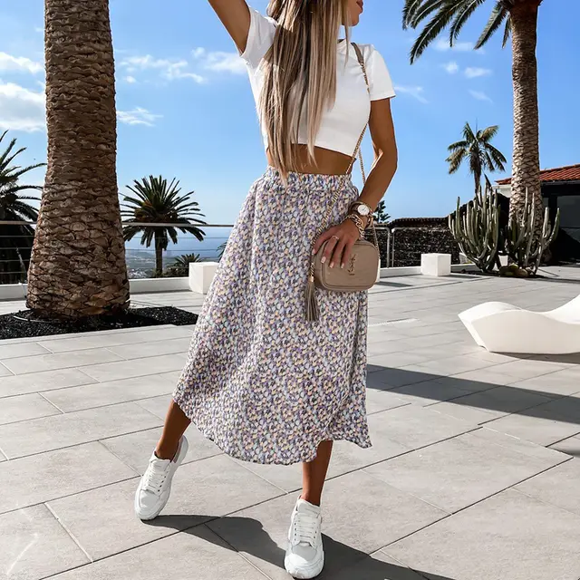 Spring Casual Women Midi Skirt A Line Floral Printed High Purple - Shop at LoveMi