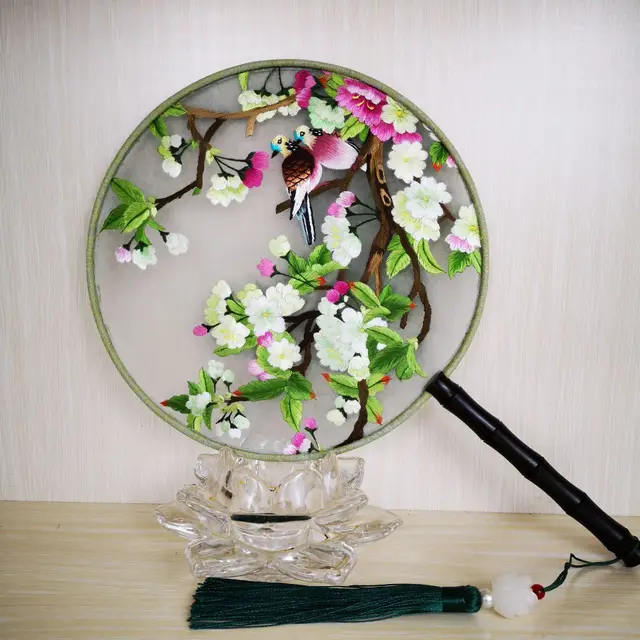 Double Sided Embroidered Fan, Silk Group Fan, Hand Embroidered Palace Fan, Craft Fan Peach Blossom Double Bird - Shop at LoveMi