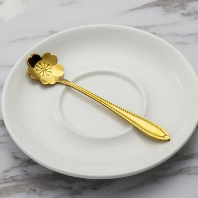 Stainless Steel Spoon Creative Coffee Spoon Leaf Spoon Rose Golden Cherry Blossom Spoon Wedding Gift Fruit Fork Gold - Shop at LoveMi